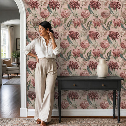 Vintage Çiçek Desenli Duvar Kağıdı Pudra Pembe Salon