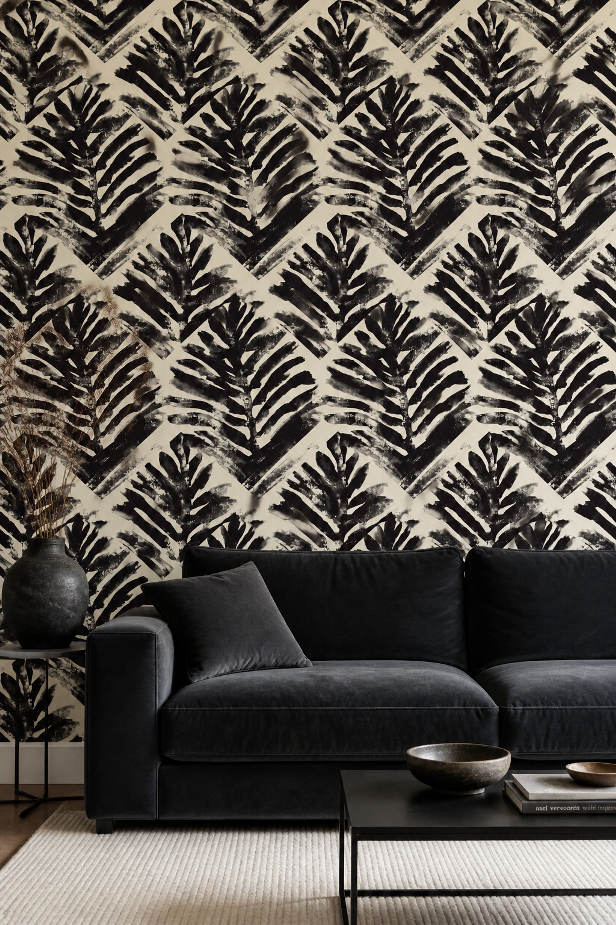 Siyah Yaprak Desenli Duvar Kağıdı Modern Salon Dekoru