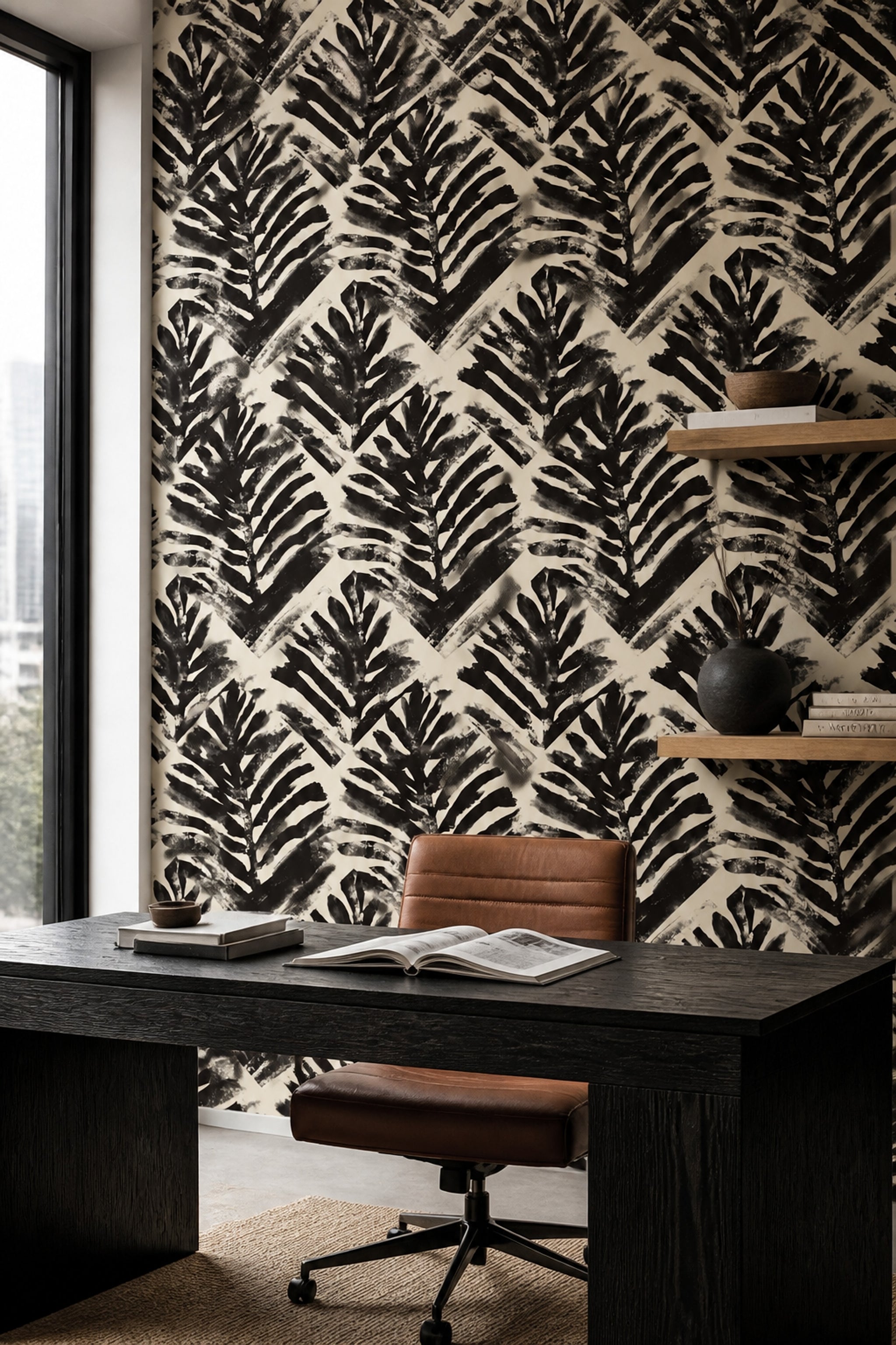 Siyah Yaprak Desenli Duvar Kağıdı Modern Salon Dekoru
