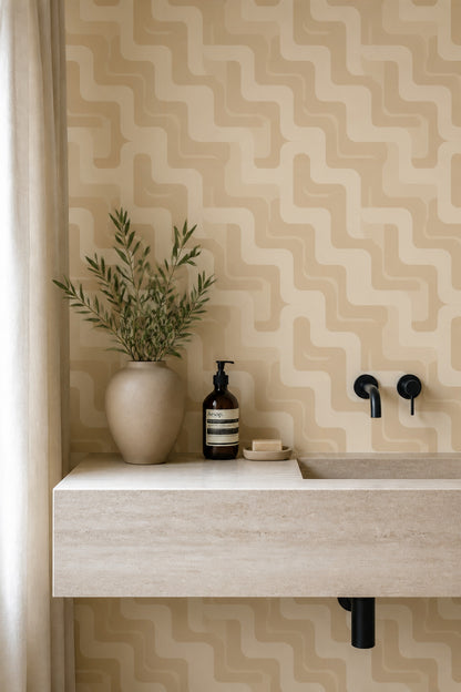 Geometrik Desenli Duvar Kağıdı Bej Modern Salon Dekoru
