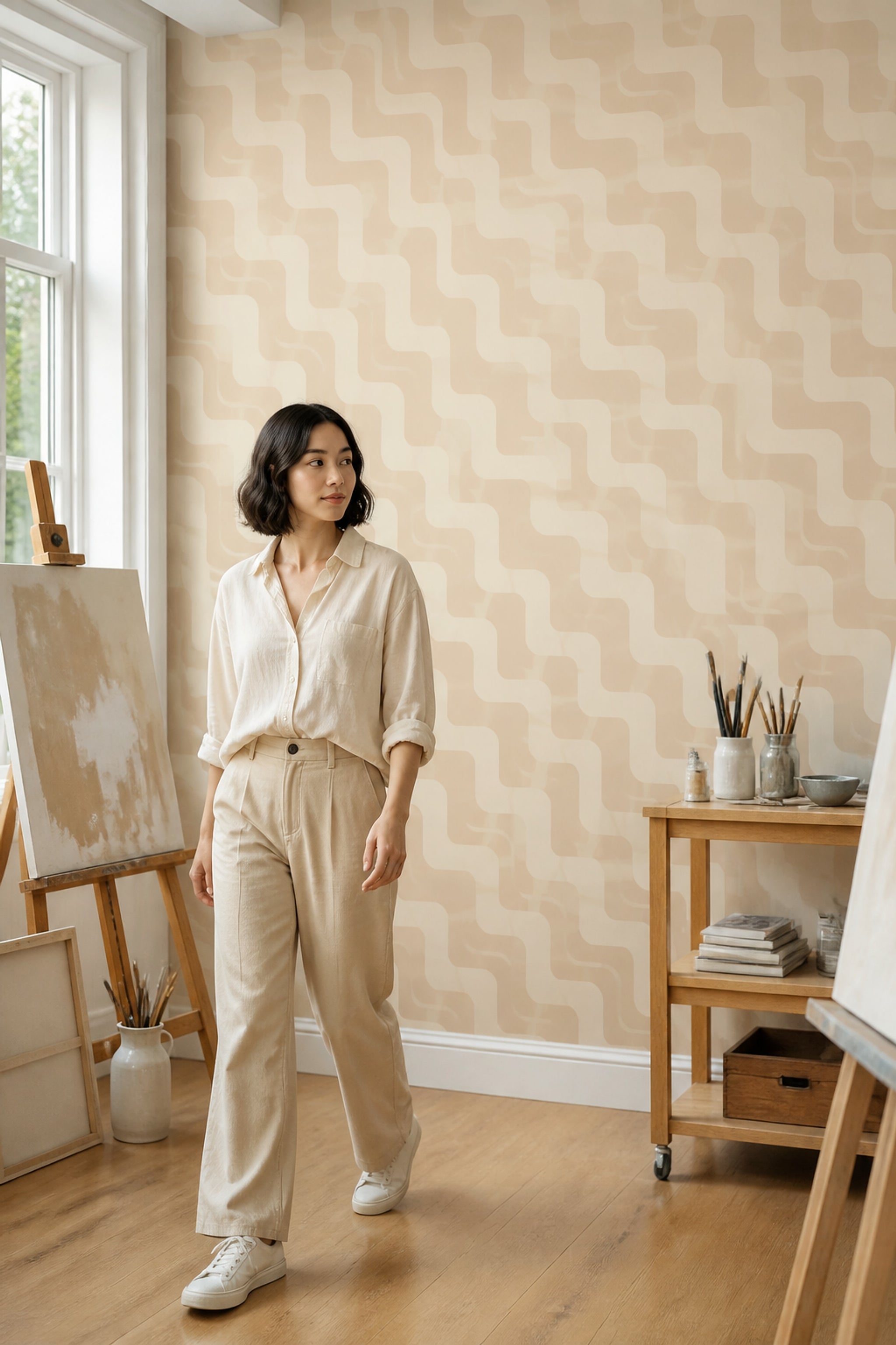 Geometrik Desenli Duvar Kağıdı Bej Modern Salon Dekoru