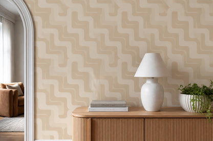 Geometrik Desenli Duvar Kağıdı Bej Modern Salon Dekoru