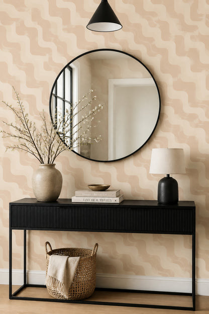 Geometrik Desenli Duvar Kağıdı Bej Modern Salon Dekoru