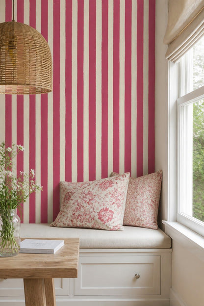 Pembe Beyaz Çizgili Duvar Kağıdı Modern Mutfak Duvar Dekoru