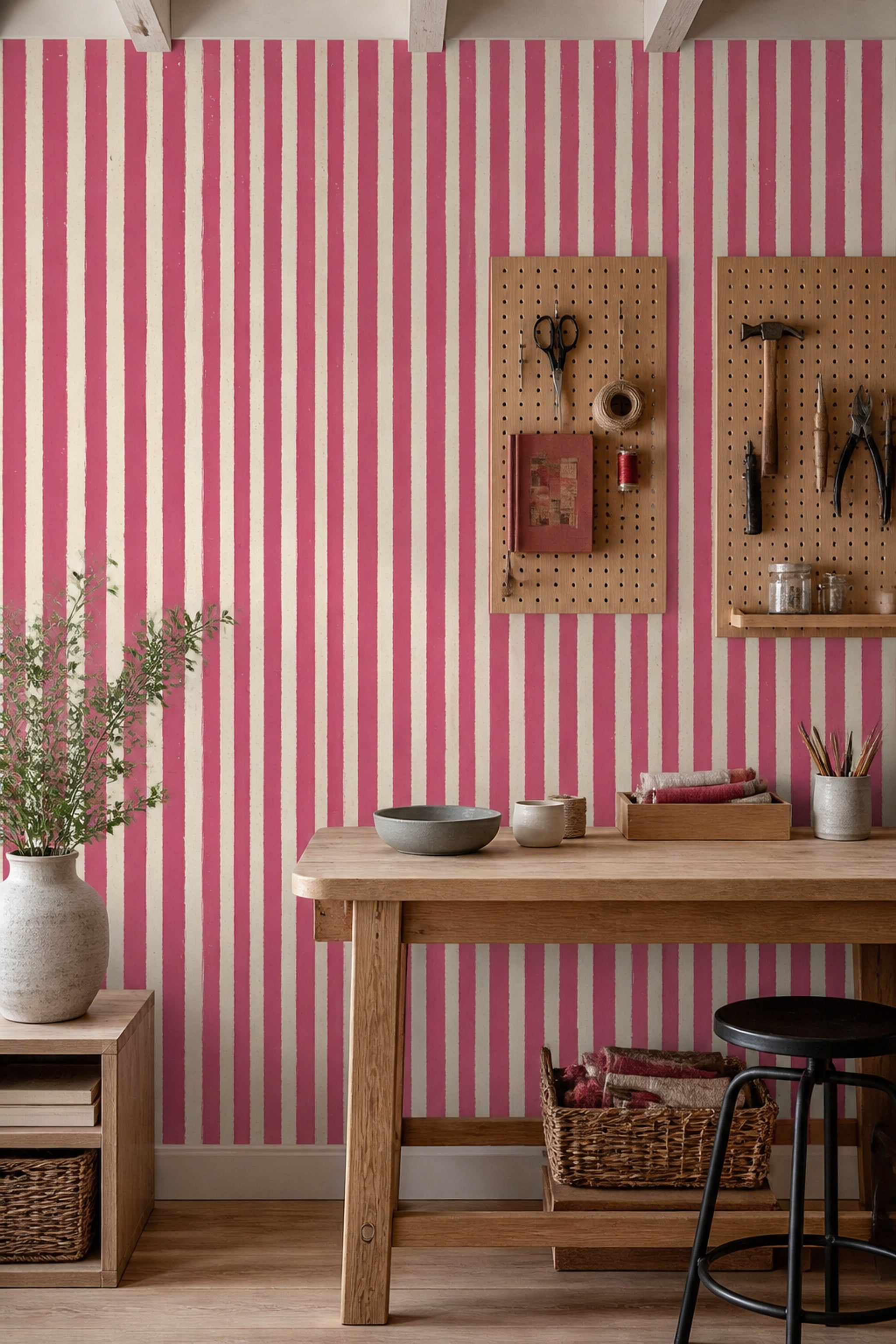 Pembe Beyaz Çizgili Duvar Kağıdı Modern Mutfak Duvar Dekoru