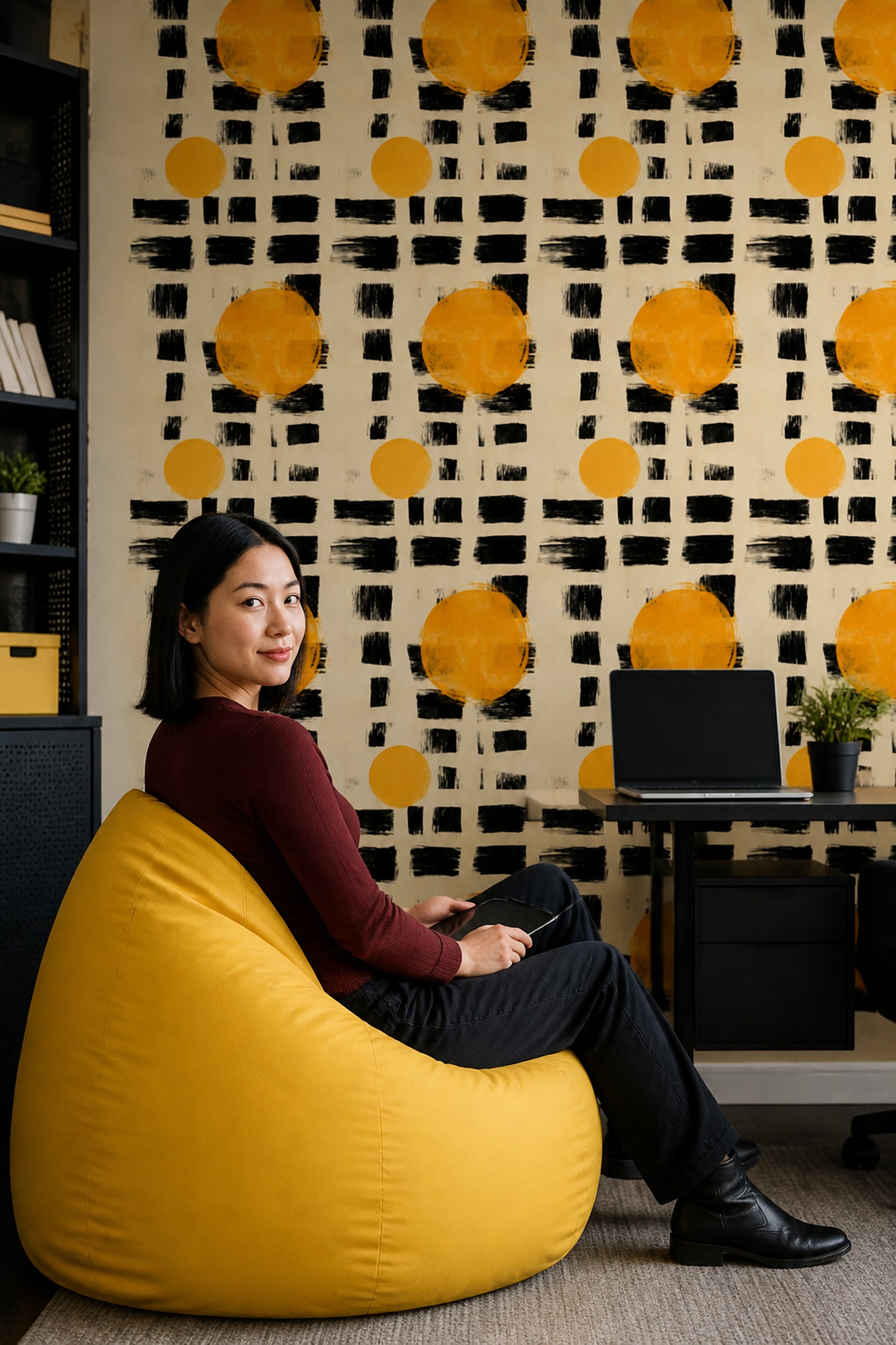 Geometrik Duvar Kağıdı Sarı Daireli Siyah Fırça Desenli