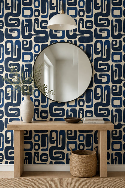 Retro Geometrik Duvar Kağıdı Lacivert Bej Desenli Banyo