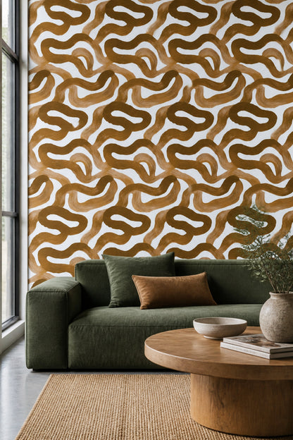 Soyut Dalgalı Desenli Duvar Kağıdı Kahverengi Modern Salon
