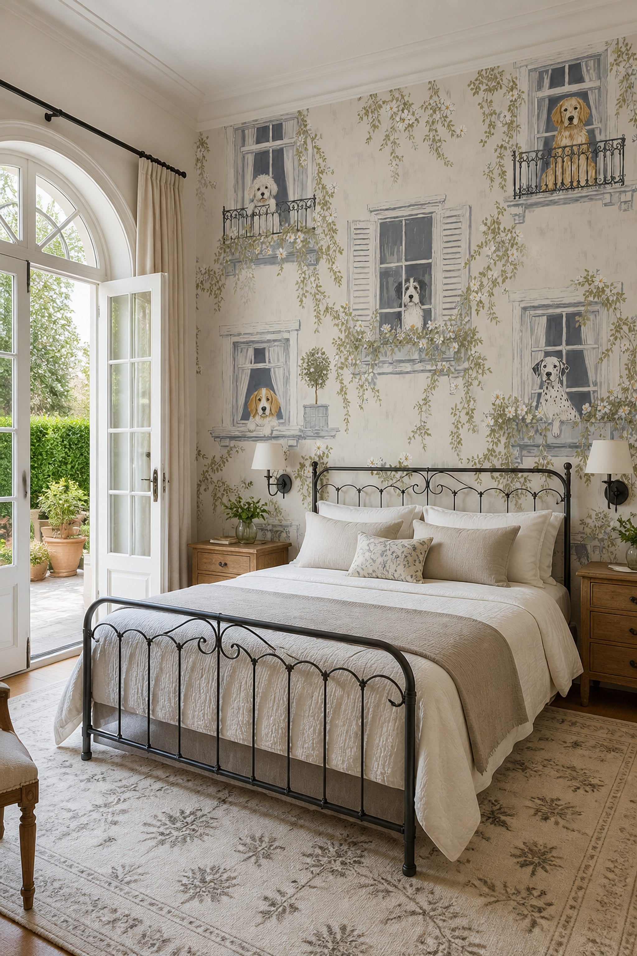 Pencereli Köpek İllüstrasyonlu Poster Duvar Kağıdı Krem Yatak Odası
