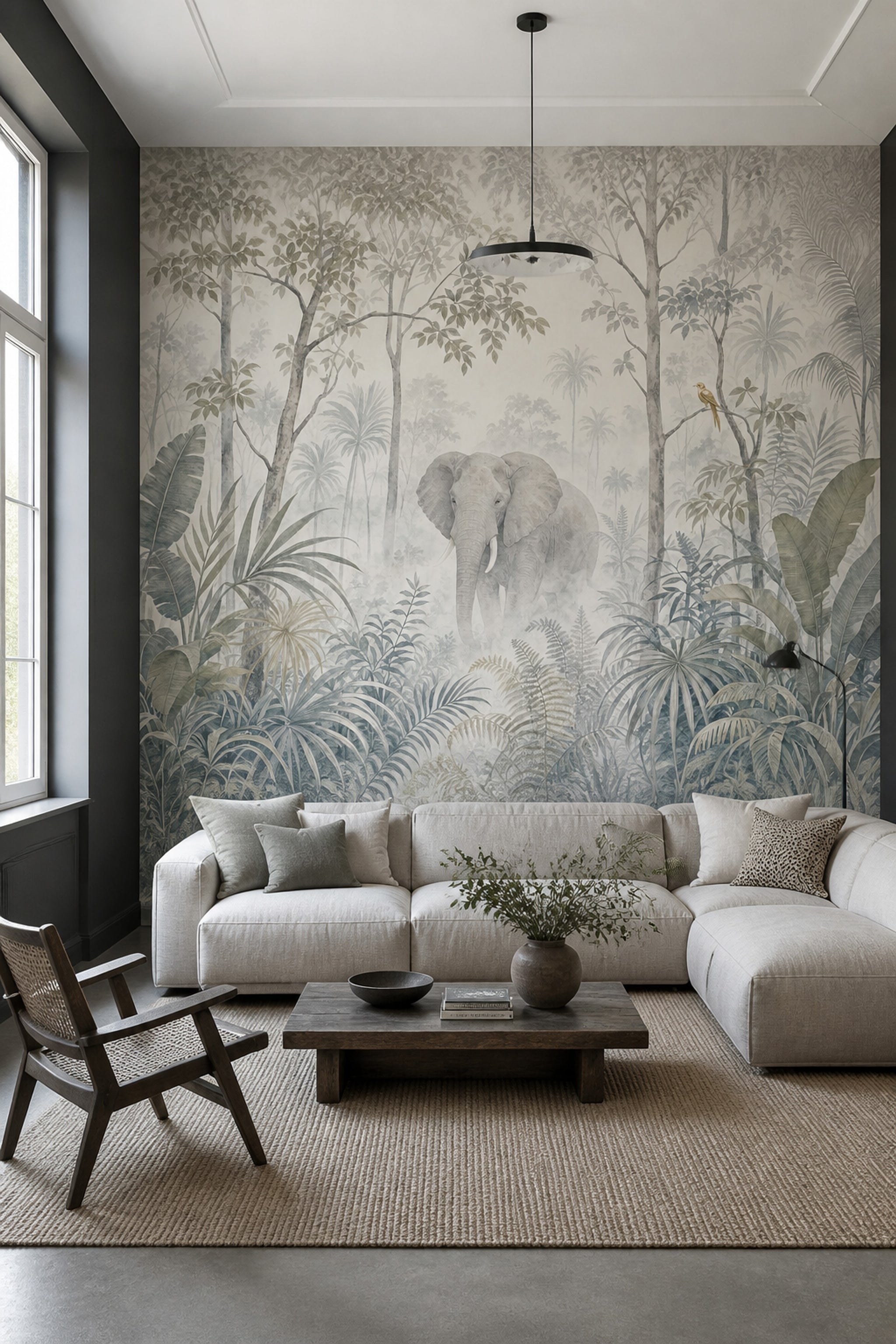 Fil ve Tropik Orman Poster Duvar Kağıdı Gri Yeşil Salon