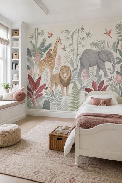 Safari Hayvanlı Poster Duvar Kağıdı Pastel Yeşil Çocuk Odası