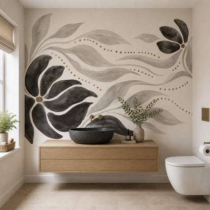Soyut Çiçek Desenli Poster Duvar Kağıdı Bej Siyah Salon