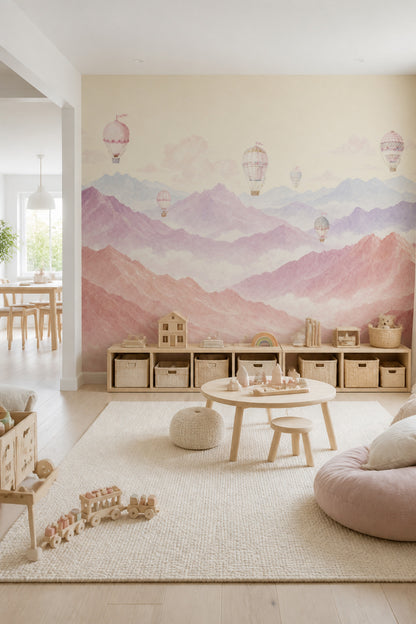 Sıcak Hava Balonlu Poster Duvar Kağıdı Pastel Dağ Manzarası