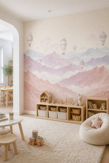 Sıcak Hava Balonlu Poster Duvar Kağıdı Pastel Dağ Manzarası