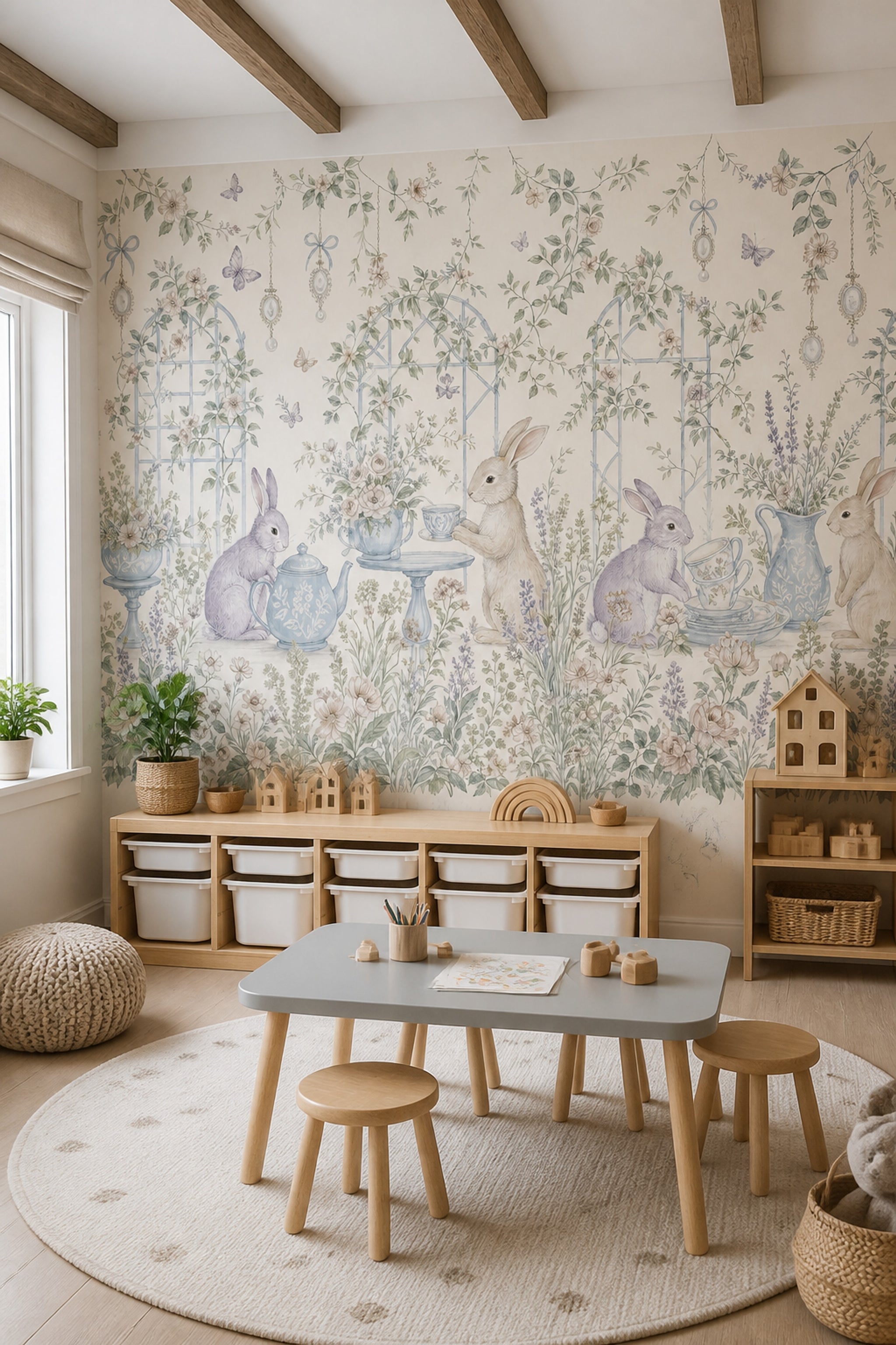 Tavşanlı Çiçek Bahçesi Poster Duvar Kağıdı Pastel Bebek Odası