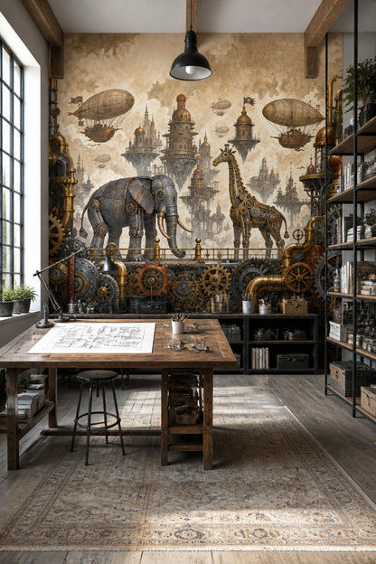 Steampunk Hava Gemili Poster Duvar Kağıdı Kahverengi Genç Odası