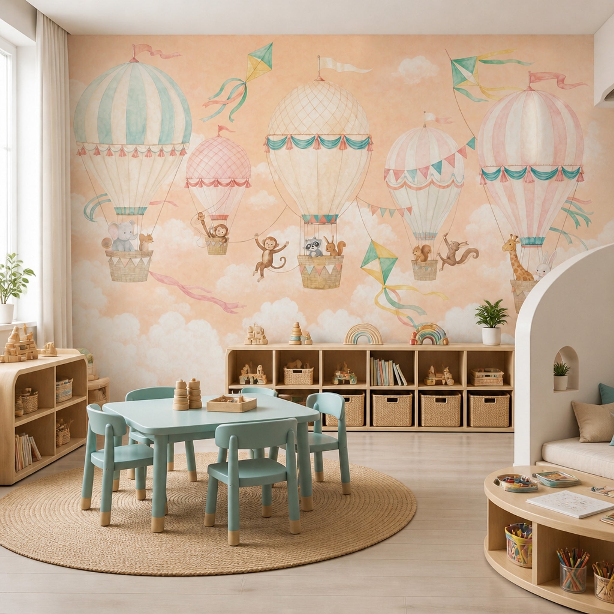 Hayvanlı Sıcak Hava Balonları Poster Duvar Kağıdı Pastel Çocuk Odası