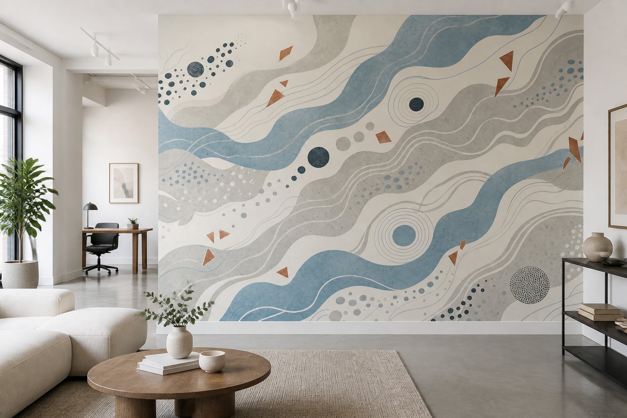 Mavi Gri Dalgalı Soyut Poster Duvar Kağıdı Modern Salon