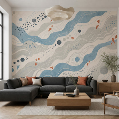 Mavi Gri Dalgalı Soyut Poster Duvar Kağıdı Modern Salon