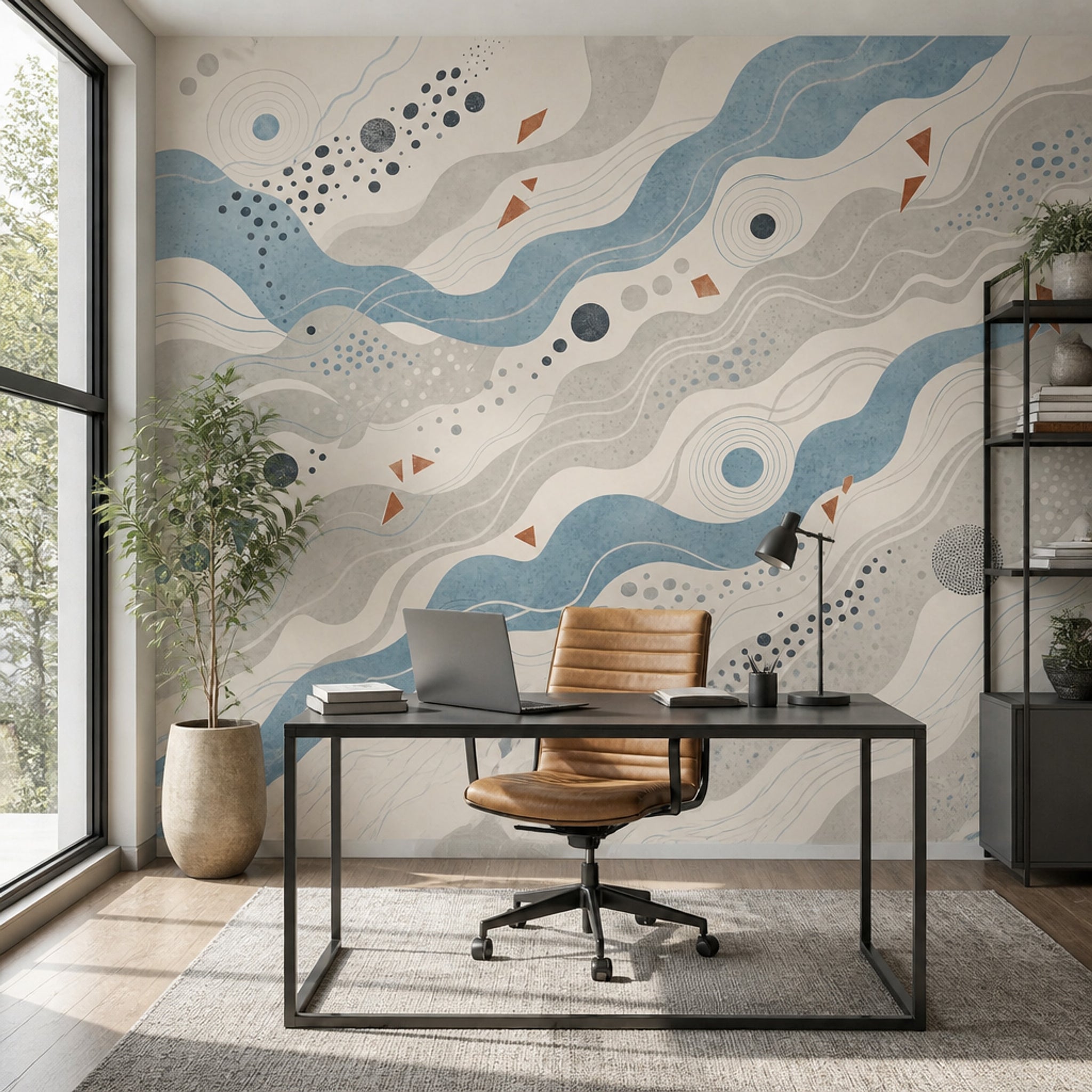 Mavi Gri Dalgalı Soyut Poster Duvar Kağıdı Modern Salon