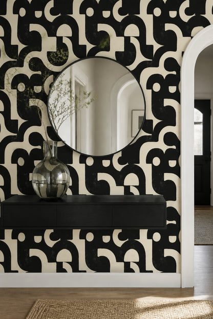 Siyah Beyaz Geometrik Desenli Duvar Kağıdı Modern Salon