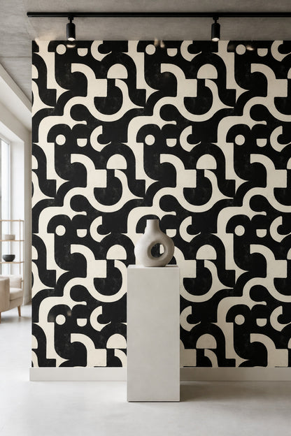 Siyah Beyaz Geometrik Desenli Duvar Kağıdı Modern Salon