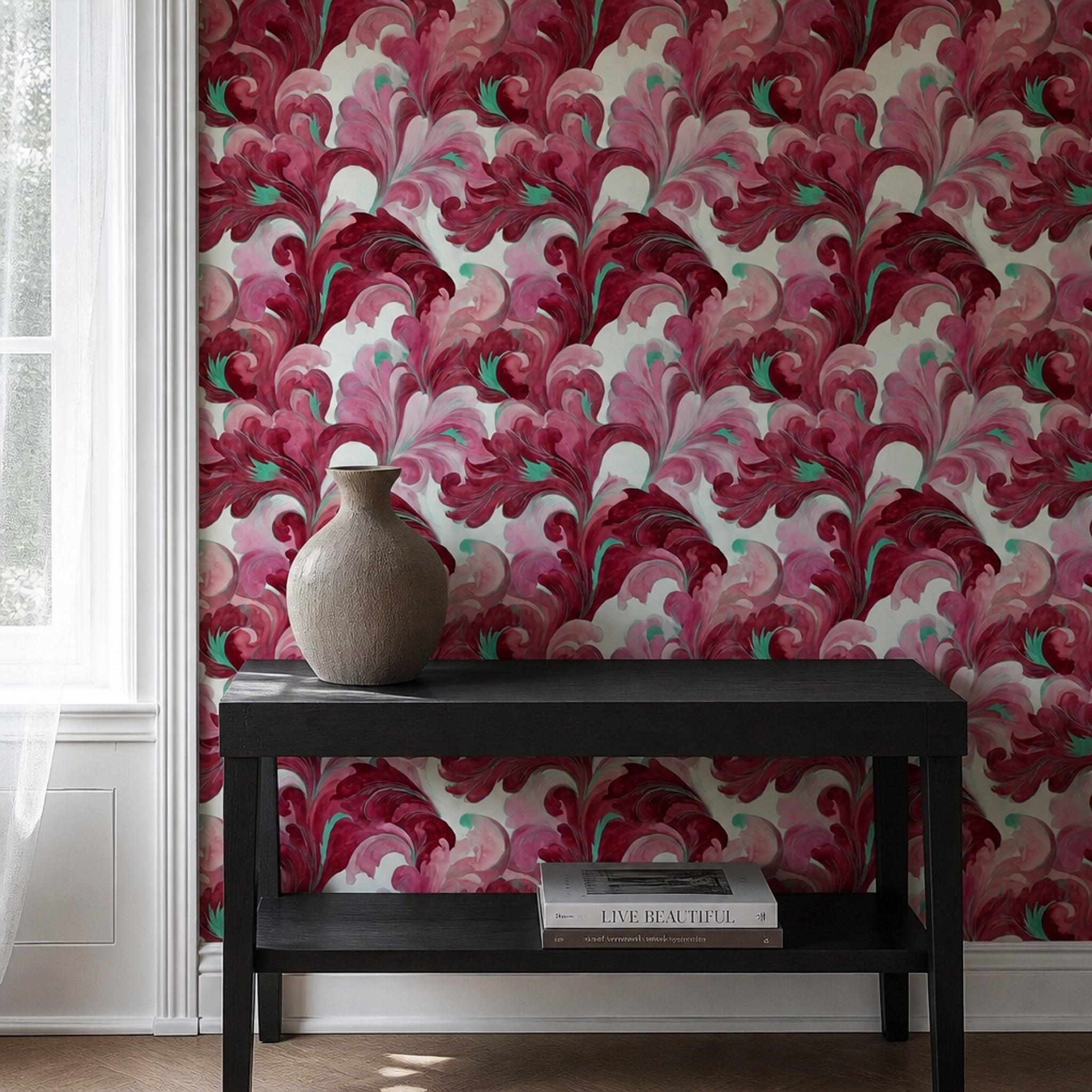 Bordo Yaprak Desenli Duvar Kağıdı Modern Salon Duvar Dekoru