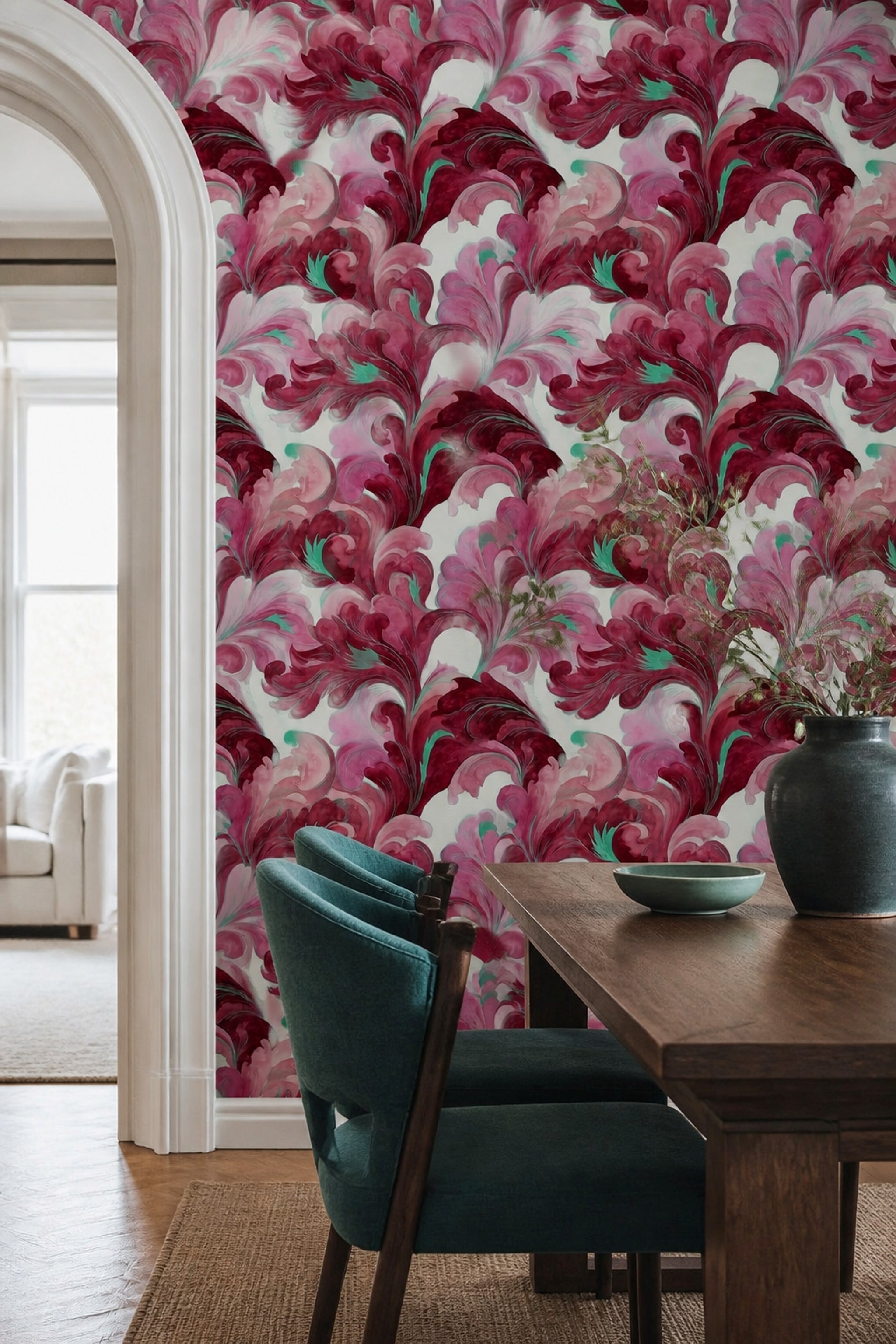 Bordo Yaprak Desenli Duvar Kağıdı Modern Salon Duvar Dekoru