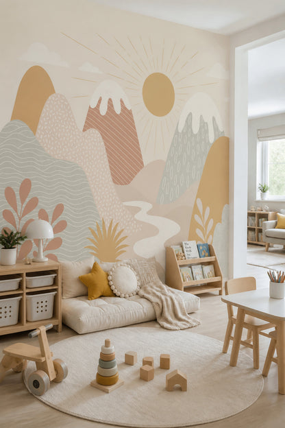 Pastel Dağ ve Güneş Poster Duvar Kağıdı Çocuk Odası