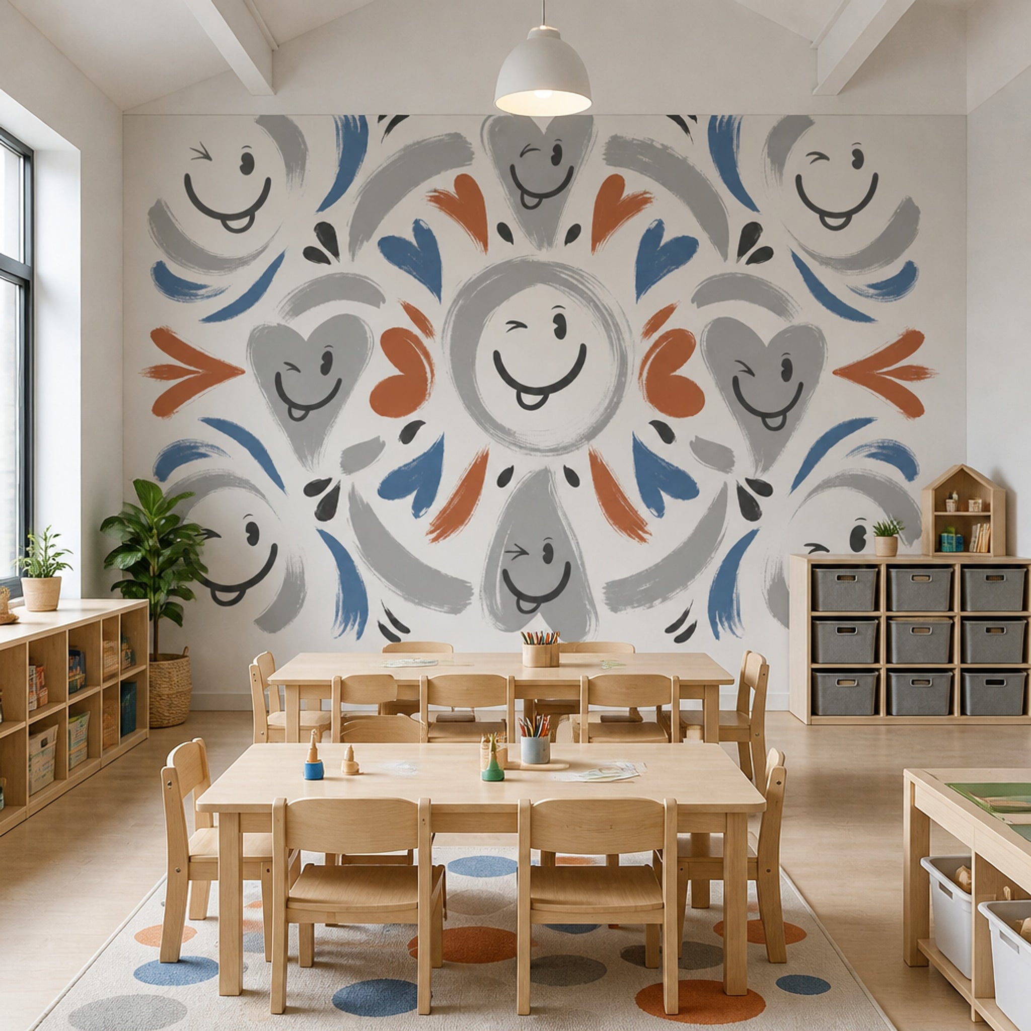 Gülen Yüz Desenli Poster Duvar Kağıdı Mavi Turuncu Çocuk Odası