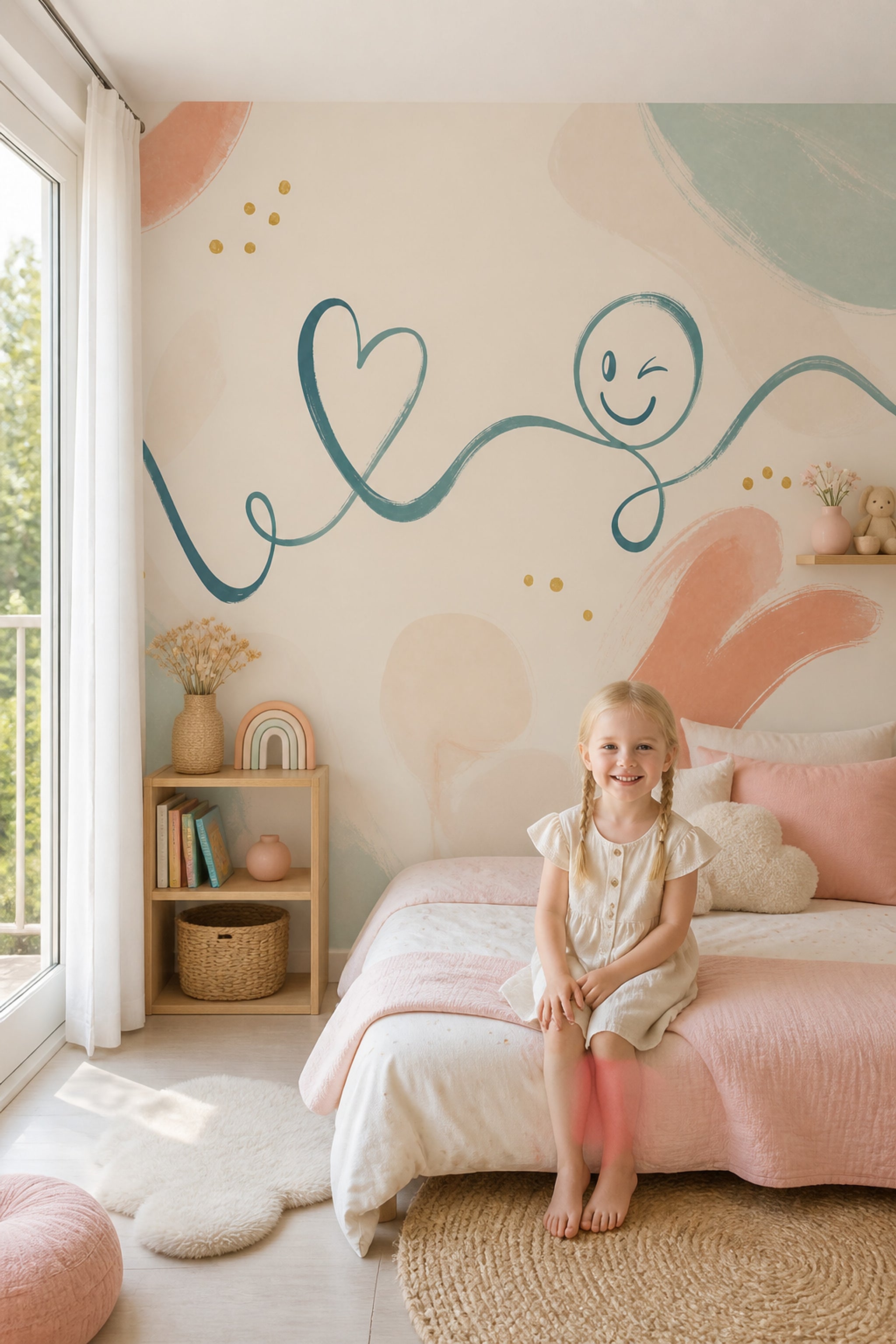 Gülümseyen Yüz Çizimli Poster Duvar Kağıdı Pastel Bebek Odası