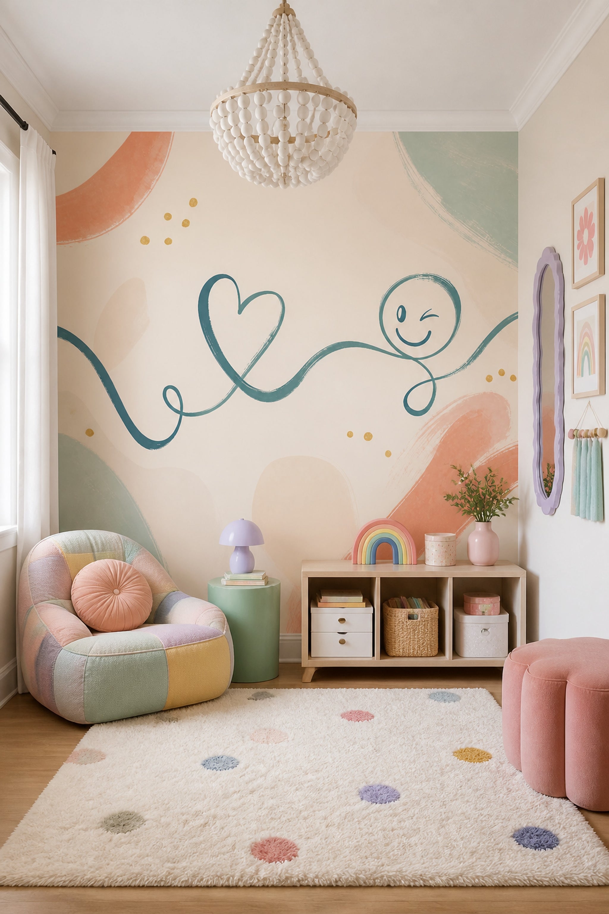 Gülümseyen Yüz Çizimli Poster Duvar Kağıdı Pastel Bebek Odası
