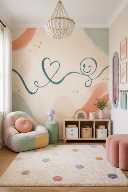 Gülümseyen Yüz Çizimli Poster Duvar Kağıdı Pastel Bebek Odası