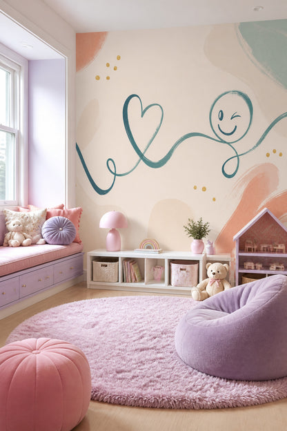 Gülümseyen Yüz Çizimli Poster Duvar Kağıdı Pastel Bebek Odası