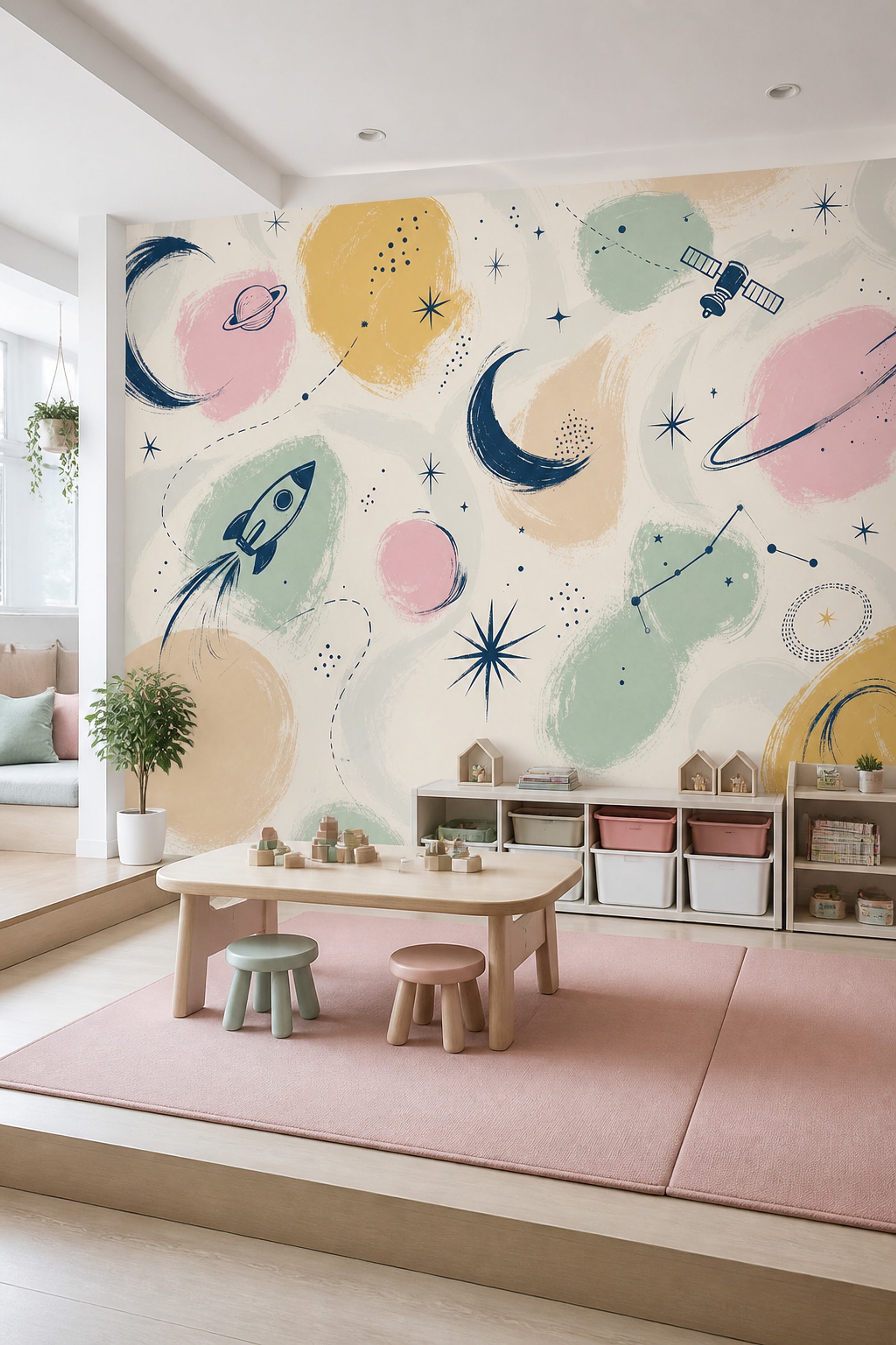 Uzay Temalı Poster Duvar Kağıdı Pastel Çocuk Odası Desenli