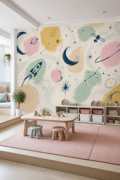 Uzay Temalı Poster Duvar Kağıdı Pastel Çocuk Odası Desenli