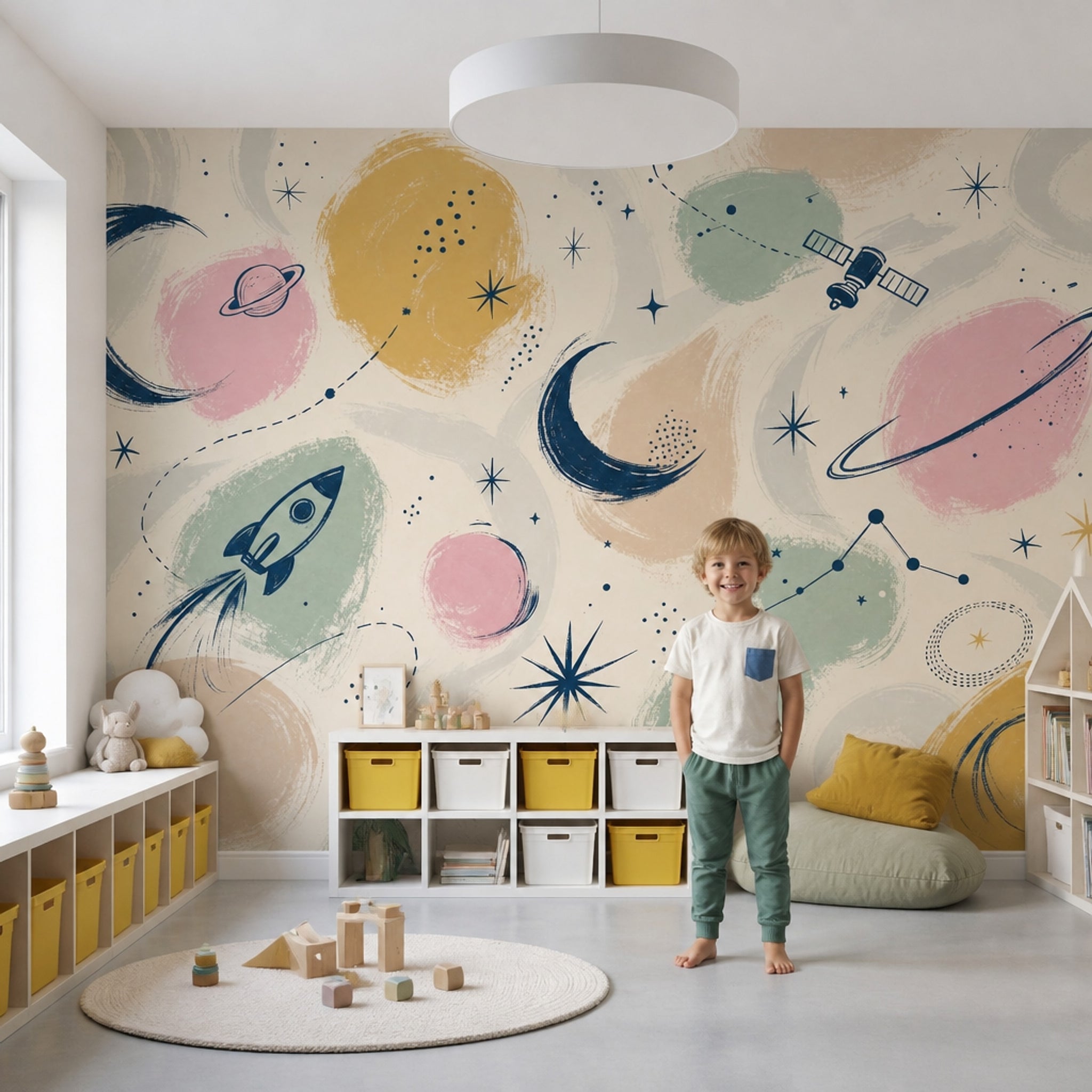 Uzay Temalı Poster Duvar Kağıdı Pastel Çocuk Odası Desenli