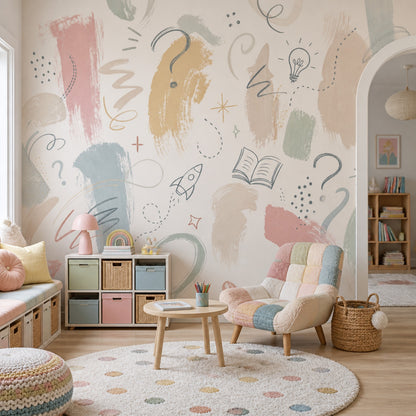 Pastel Eğitim Temalı Poster Duvar Kağıdı Çocuk Odası Desenli