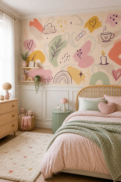 Pastel Çizimli Poster Duvar Kağıdı Kalp Bulut Çocuk Odası