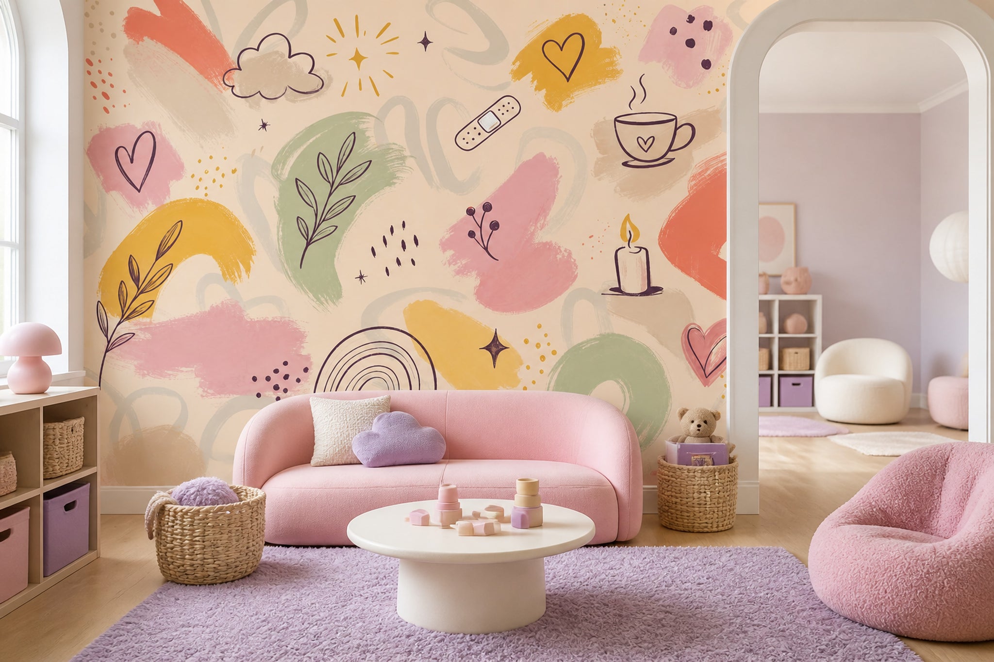 Pastel Çizimli Poster Duvar Kağıdı Kalp Bulut Çocuk Odası