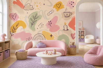 Pastel Çizimli Poster Duvar Kağıdı Kalp Bulut Çocuk Odası