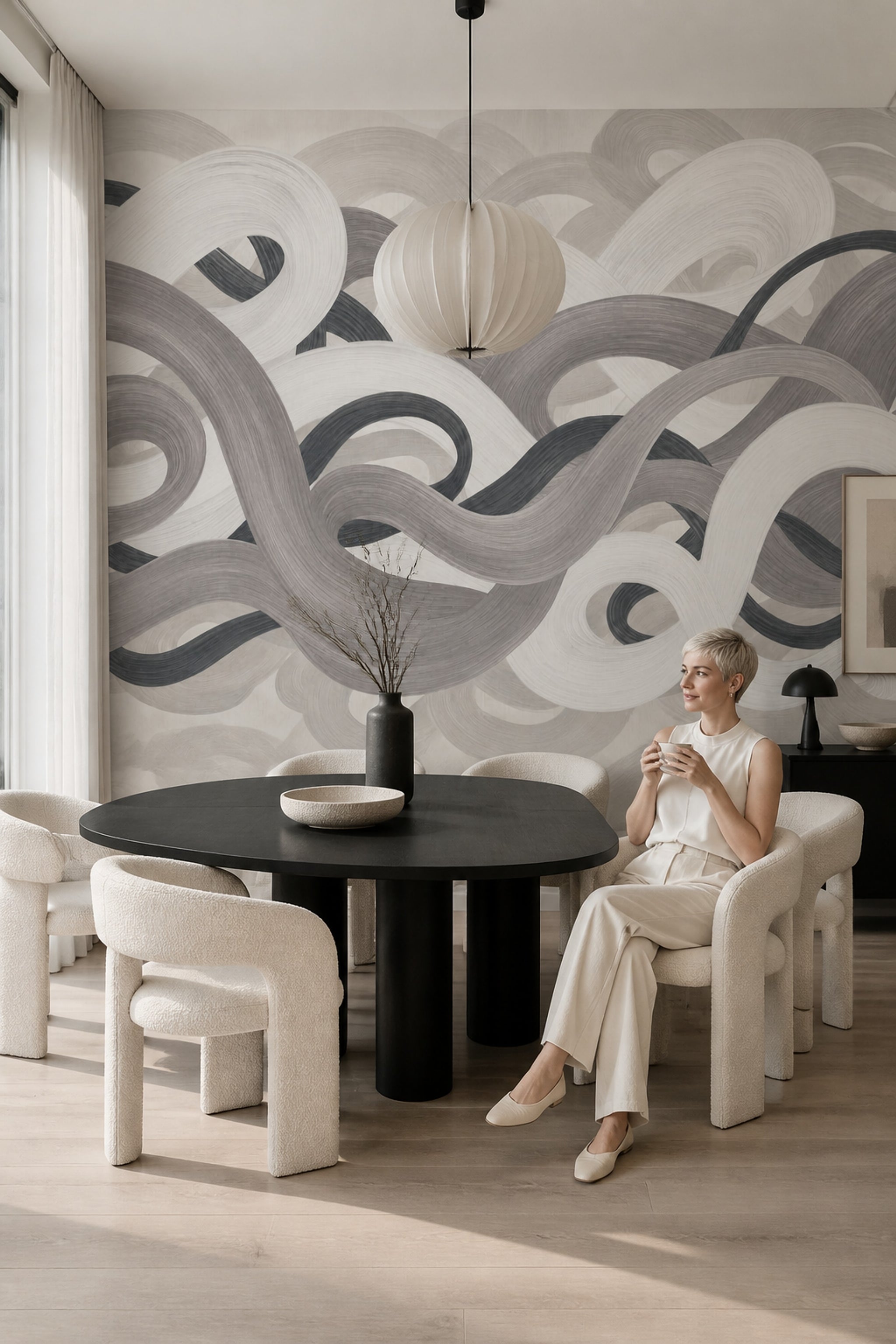 Soyut Dalgalı Poster Duvar Kağıdı Gri Bej Modern Salon