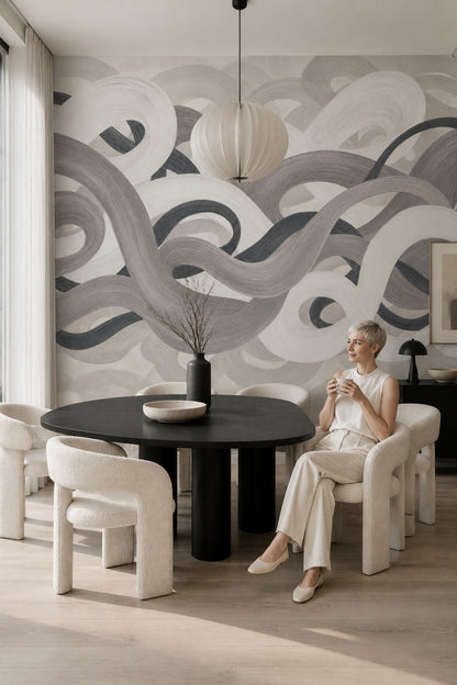 Soyut Dalgalı Poster Duvar Kağıdı Gri Bej Modern Salon