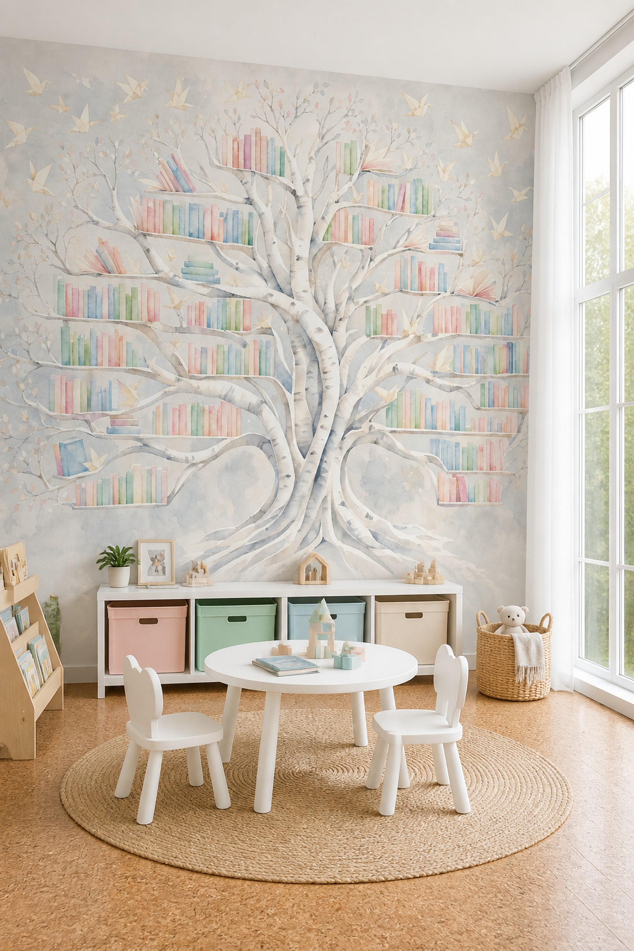 Kitaplık Ağaç Desenli Poster Duvar Kağıdı Pastel Çocuk Odası