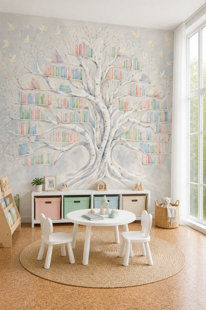 Kitaplık Ağaç Desenli Poster Duvar Kağıdı Pastel Çocuk Odası