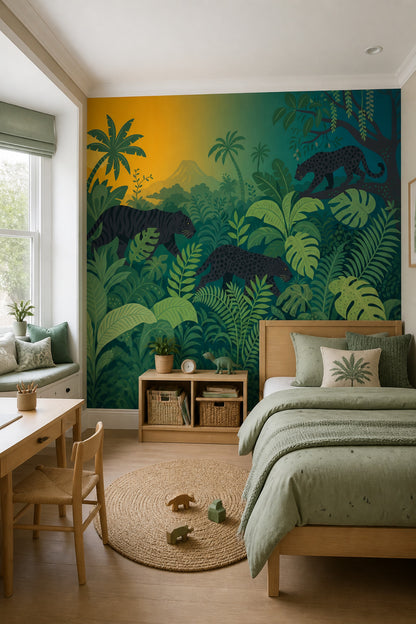 Jungle Leoparlı Poster Duvar Kağıdı Yeşil Çocuk Odası