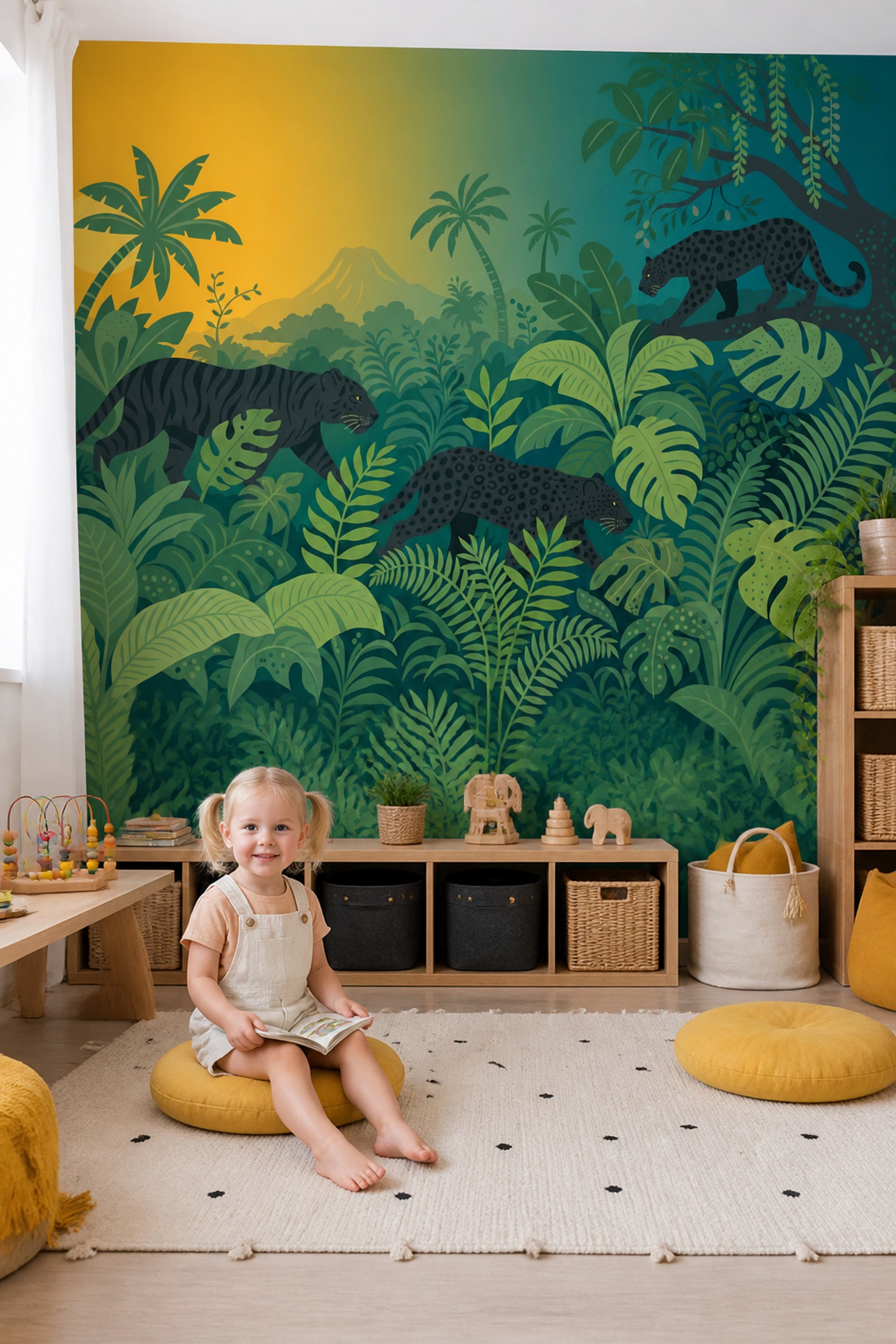 Jungle Leoparlı Poster Duvar Kağıdı Yeşil Çocuk Odası