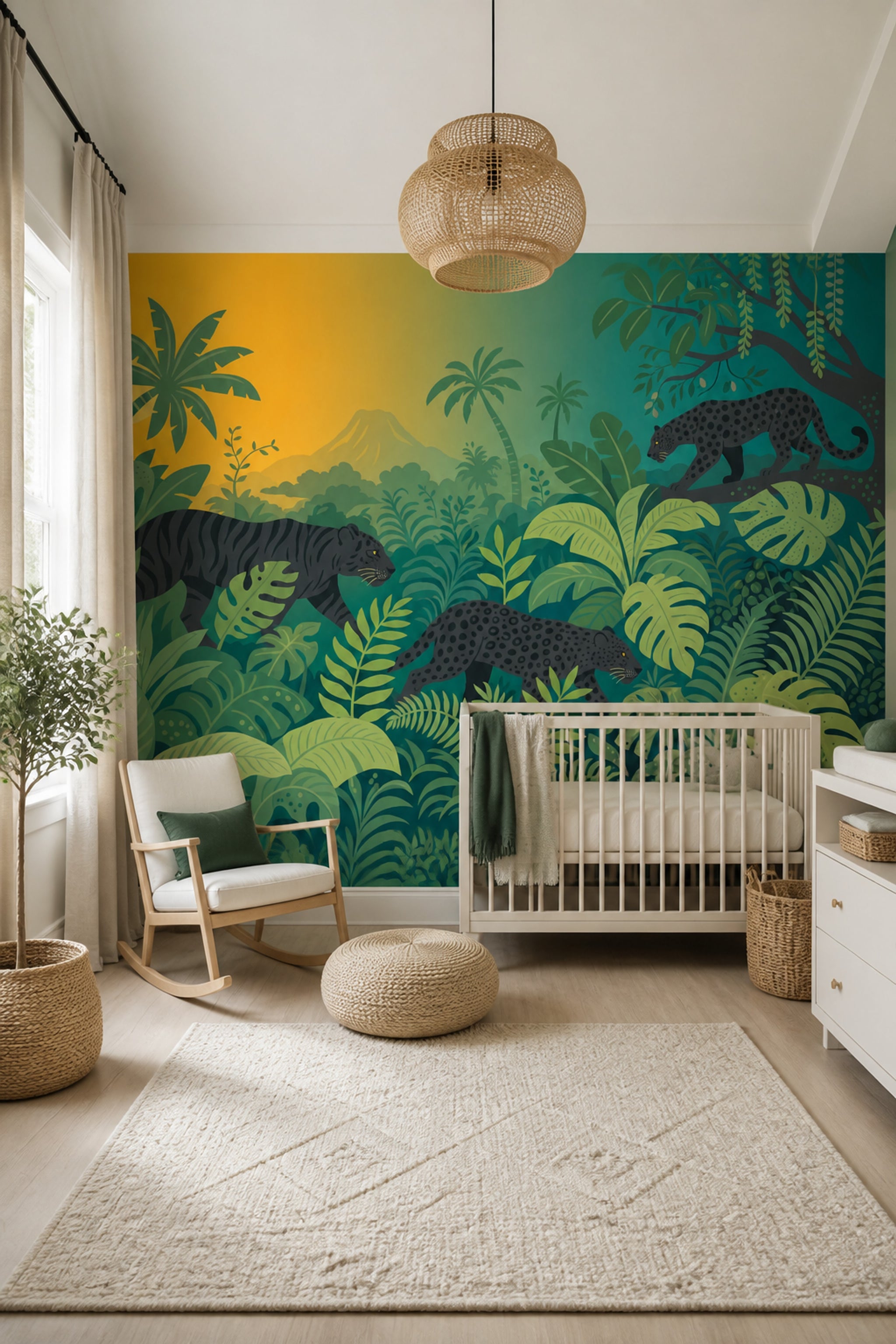 Jungle Leoparlı Poster Duvar Kağıdı Yeşil Çocuk Odası