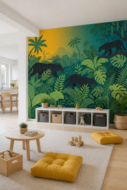 Jungle Leoparlı Poster Duvar Kağıdı Yeşil Çocuk Odası
