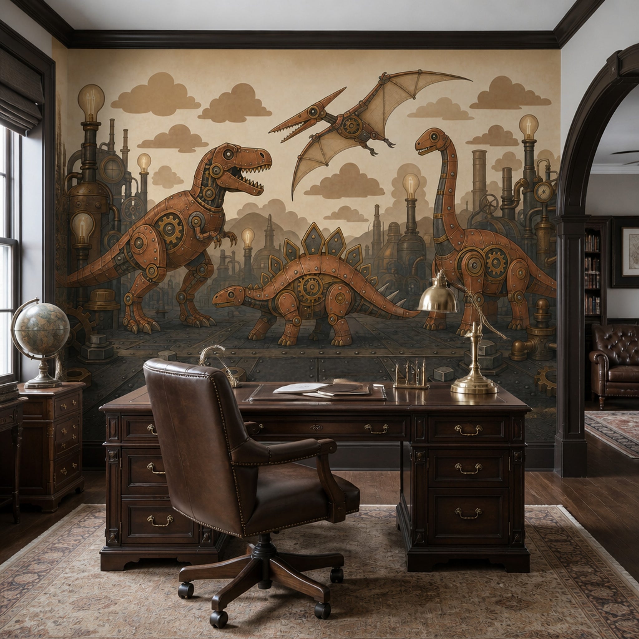 Steampunk Dinozor Poster Duvar Kağıdı Bakır Ton Çocuk Odası